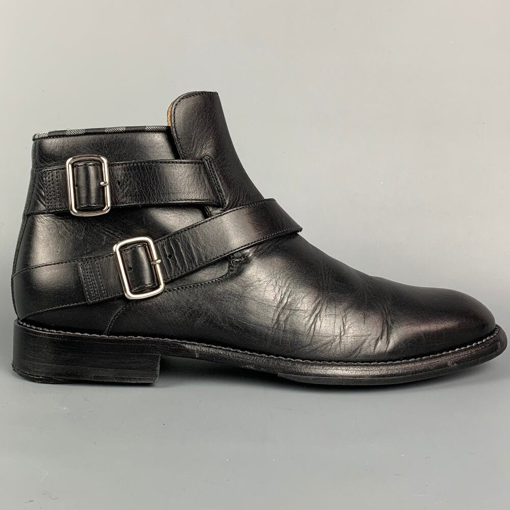 JUSTIN DEAKIN Size 7 Black Leather Double Buckle Ankle Boots